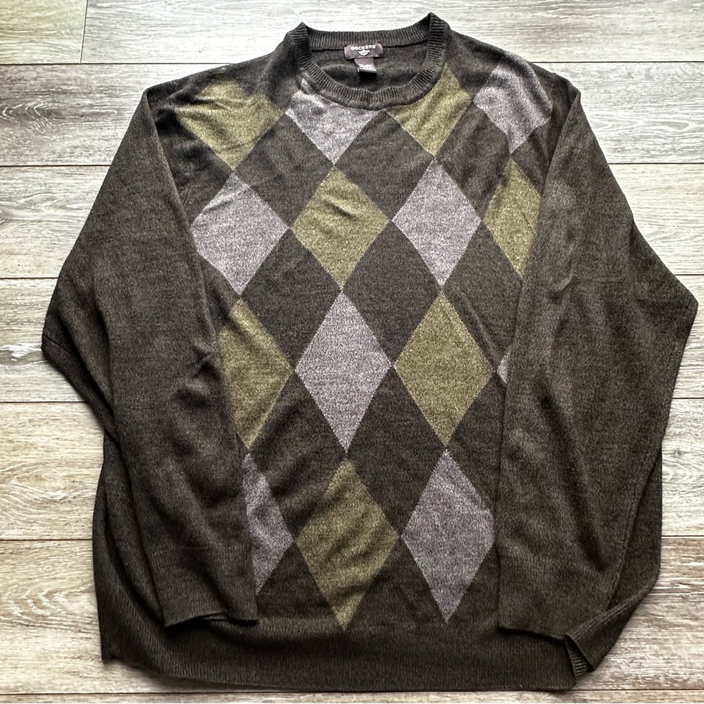 Dockers Mens Diamond Knit Pullover Crew Neck Sweater‎ Tan Green 2XL